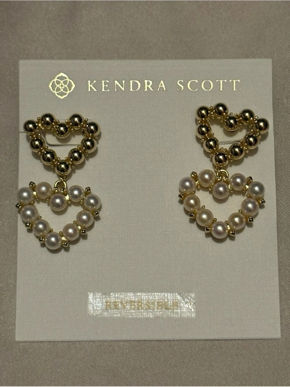 Kendra Scott Gold & Pearl Double Heart Drop Earrings new without tags